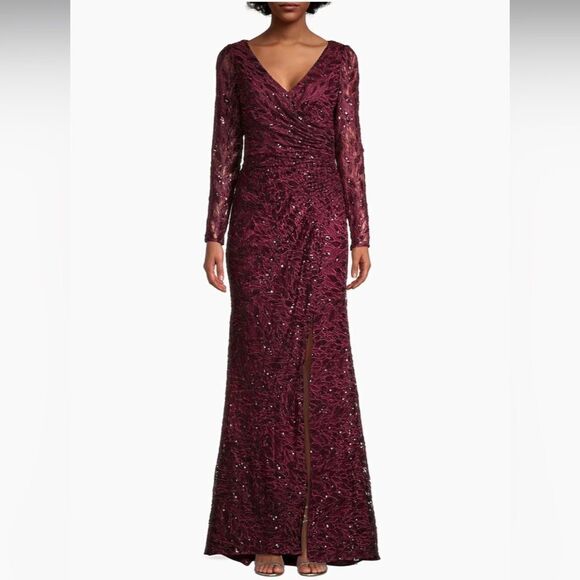 MAC DUGGAL Long Sleeve Sequined Lace Ruched Gown Garnet size 16 NWT - Picture 6 of 13